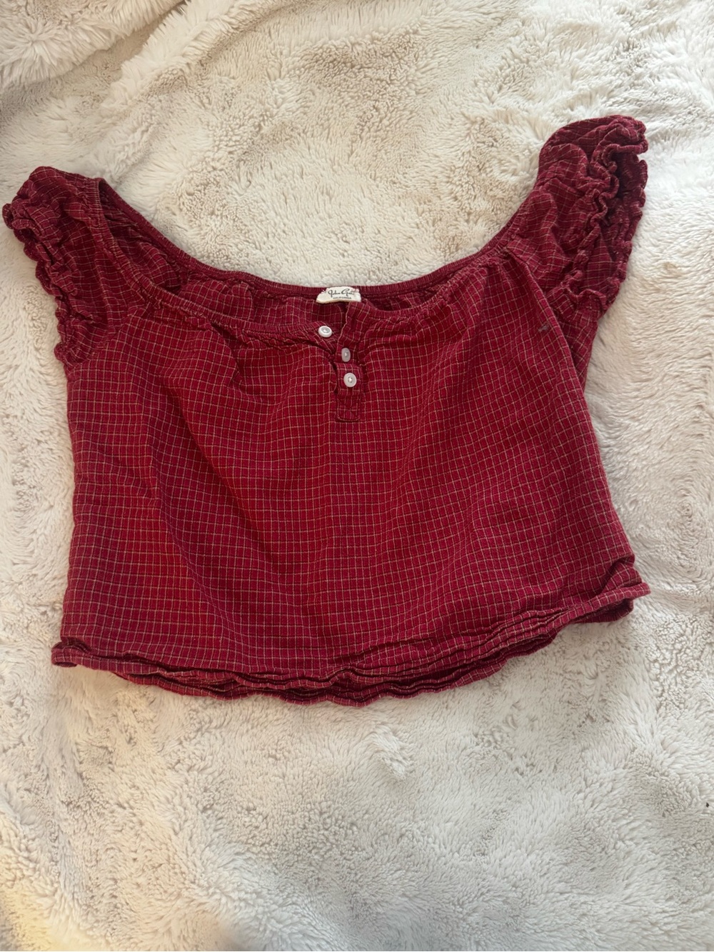 Brandy Melville Burgundy Check Off-Shoulder Crop Top
